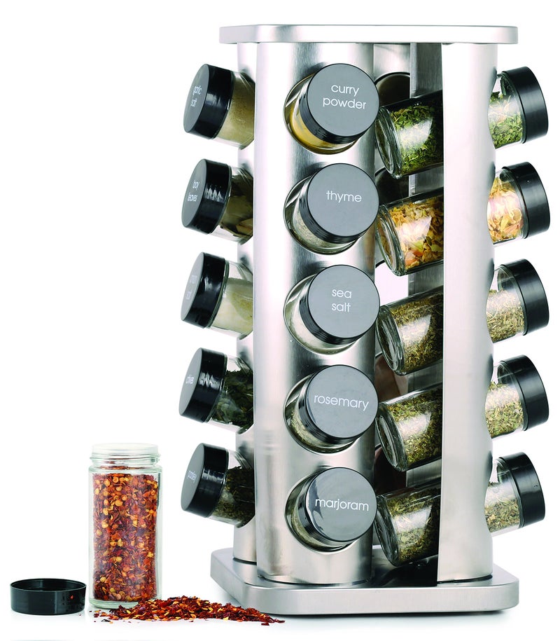 Orii 20 Jar Spice Rack with Spices Included  Revolving Tower Organizer for Kitchen Spices and Seasonings Stainless Steel
