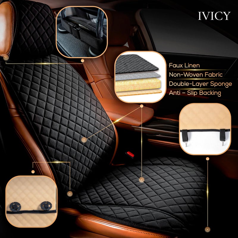 IVICY غطاء مقعد السيارة الأمامي من IVICY بتصميم قماش الكتان الصناعي - واقي مقعد متين وغير قابل للانزلاق للسيارات - 1 وحدة، أسود - Image 2