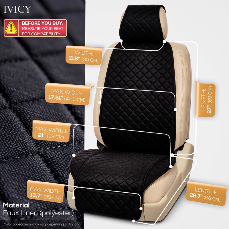 IVICY غطاء مقعد السيارة الأمامي من IVICY بتصميم قماش الكتان الصناعي - واقي مقعد متين وغير قابل للانزلاق للسيارات - 1 وحدة، أسود - Image 3