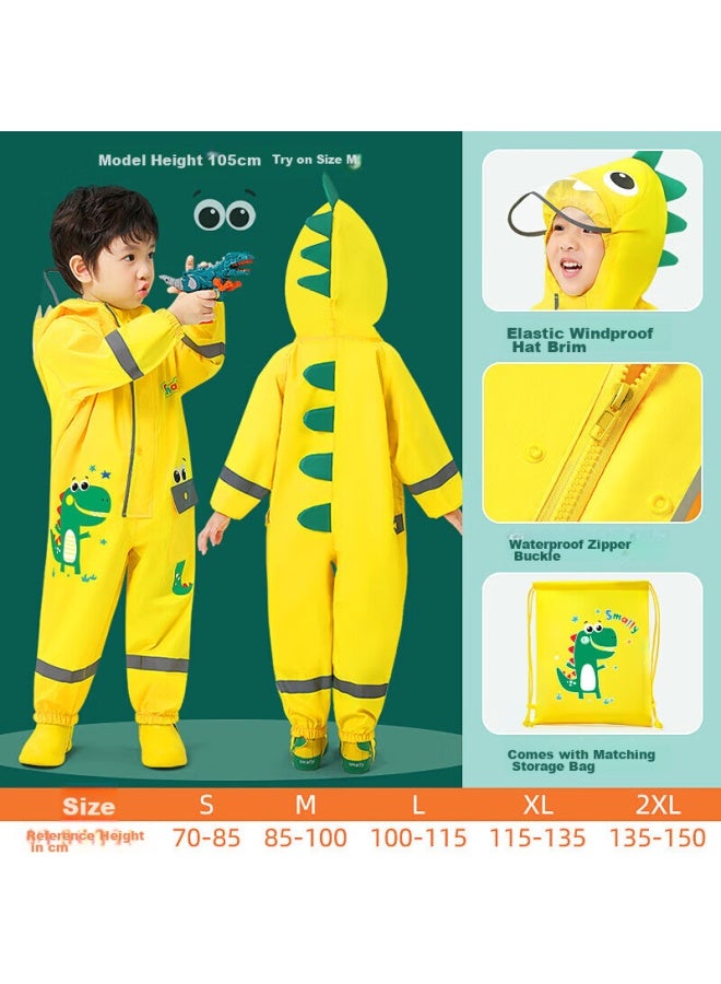 Moremerry Children's Raincoat, One-piece Suit For Boys And Girls, Waterproof Full-body, For Kindergarten Kids, Vibrant Yellow Dinosaur, Size S - Image 1