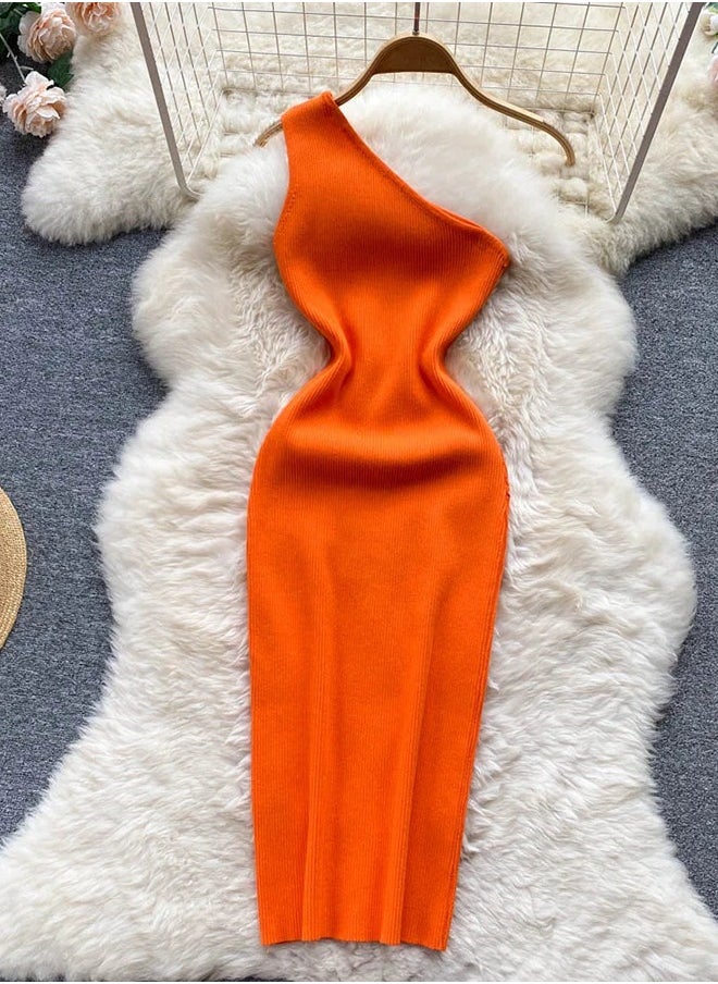 Generic Ins Fashion One Shoulder Knitted Bodycon Dress Lady Elastic Outfits Package Hips White Mini Dress Party Vestidos  - Image 1
