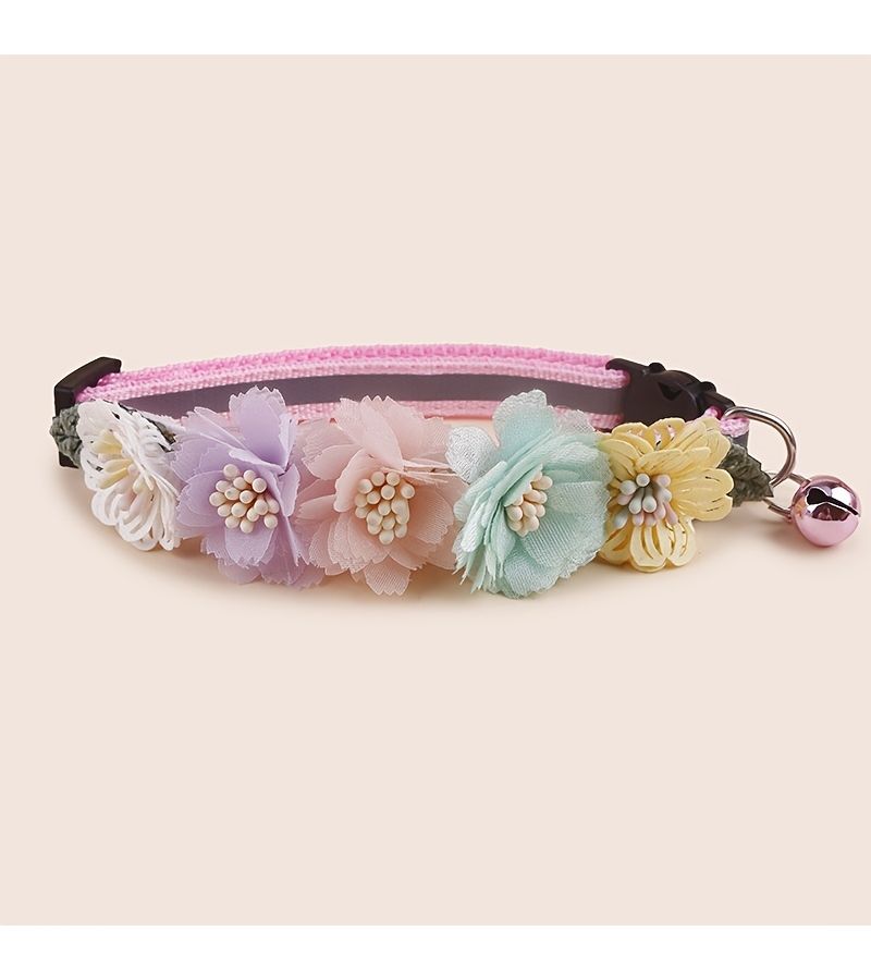 Purple Single Adjustable Pet Collar With Simulated Mesh Flower And Bell Decoration One Size - Image 4