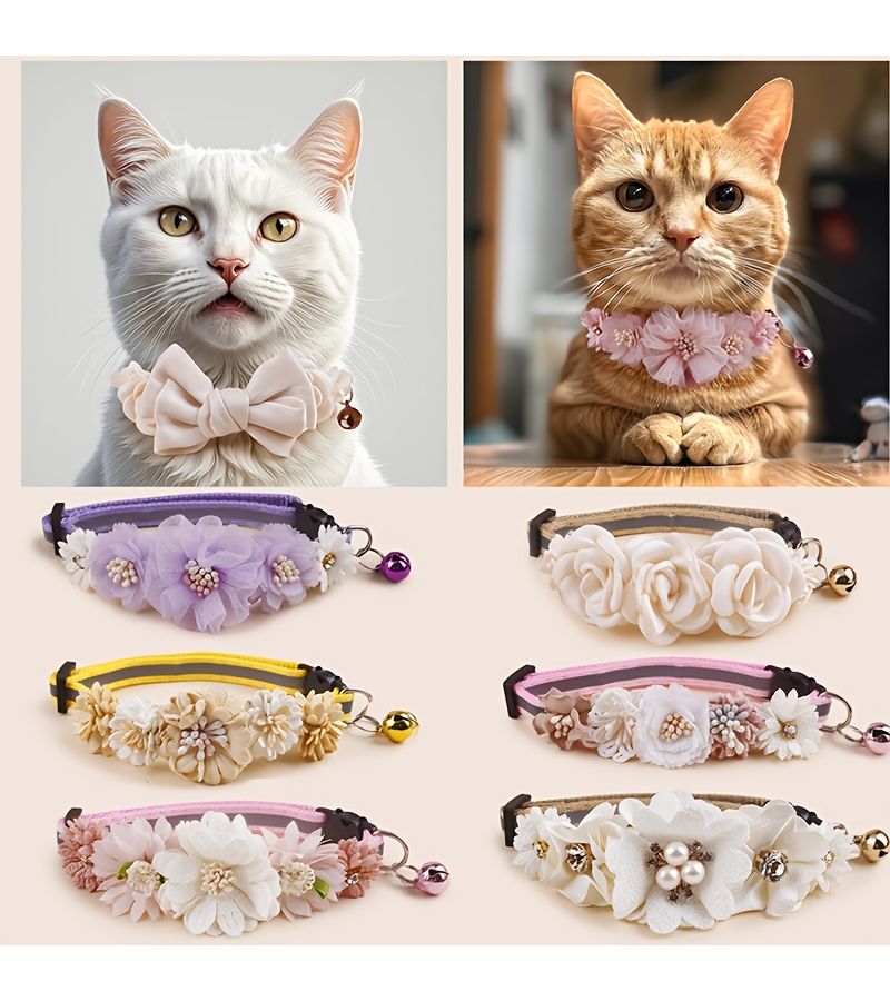 Purple Single Adjustable Pet Collar With Simulated Mesh Flower And Bell Decoration One Size - Image 1