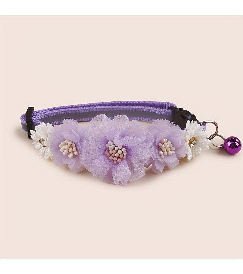 Purple Single Adjustable Pet Collar With Simulated Mesh Flower And Bell Decoration One Size - Image 3