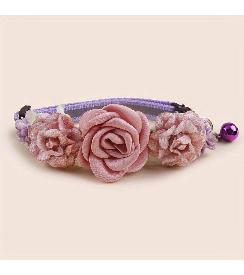 Purple Single Adjustable Pet Collar With Simulated Mesh Flower And Bell Decoration One Size - Image 5