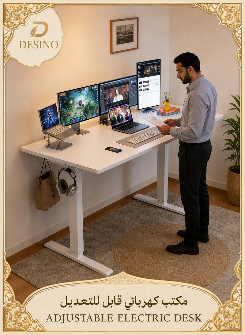 DESINO 140CM Electric Standing Desk, Height Adjustable 70–120 cm Sit Stand Desk, Home Office Computer Table with 4 Memory Height Buttons, Ideal for Work, Study & Gaming, Dual-Panel Desktop, White - Image 1