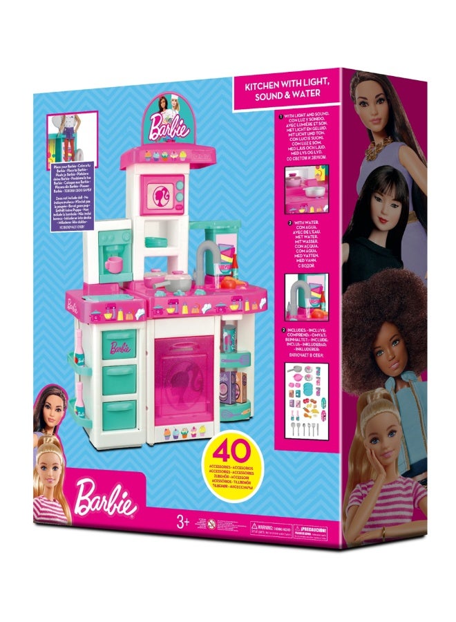 Barbie Large Kitchen Playset with Light, Sound & Water Function | 40-Piece Cooking Accessories | Pretend Play Kitchen for Kids - Image 3