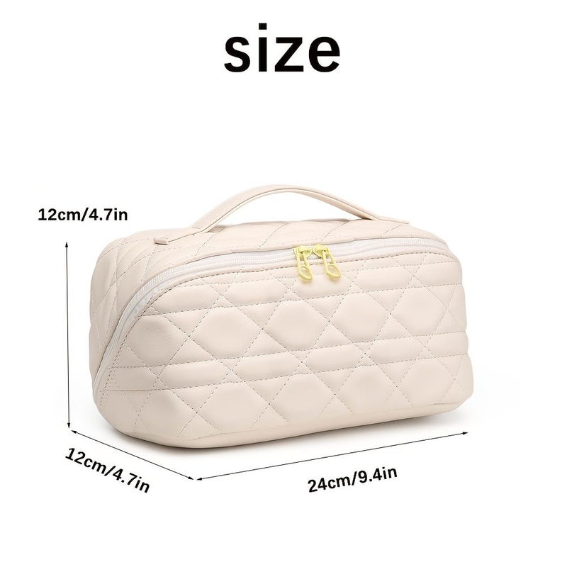 Large Capacity Beige PU Makeup Bag Tote Unisex Travel Cosmetic Toiletry Bag - Image 1