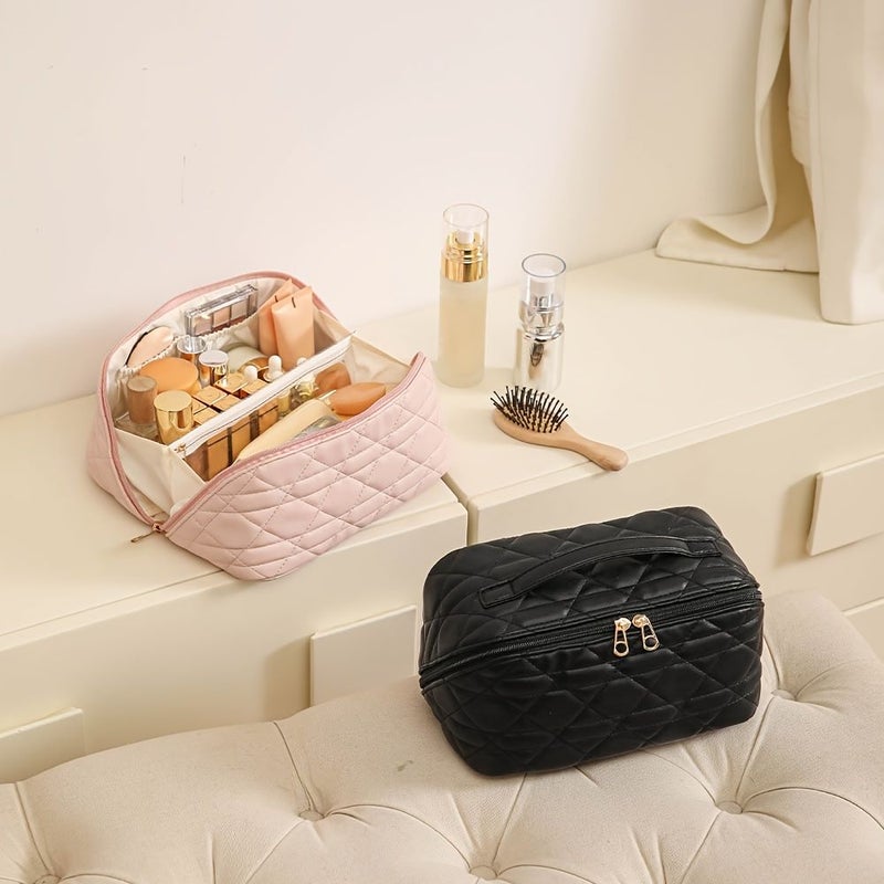 Large Capacity Beige PU Makeup Bag Tote Unisex Travel Cosmetic Toiletry Bag - Image 5