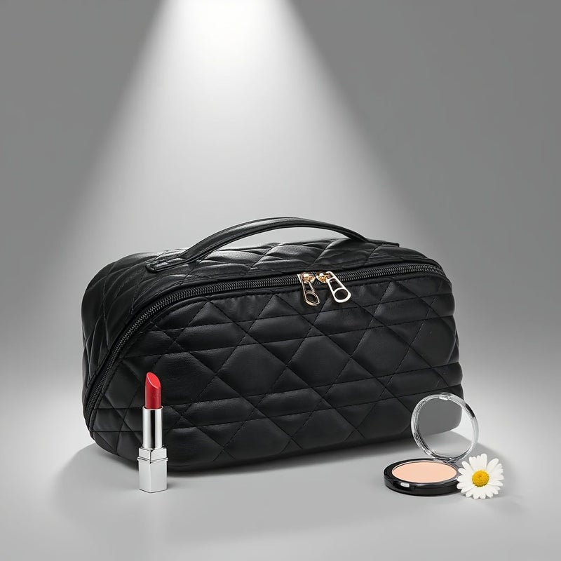 Large Capacity Beige PU Makeup Bag Tote Unisex Travel Cosmetic Toiletry Bag - Image 3