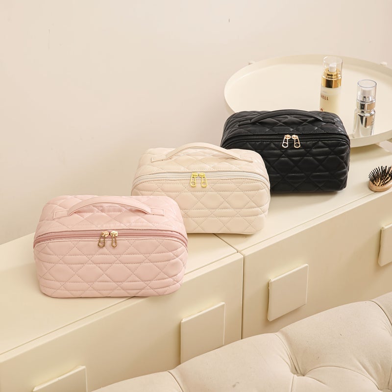 Large Capacity Beige PU Makeup Bag Tote Unisex Travel Cosmetic Toiletry Bag - Image 2