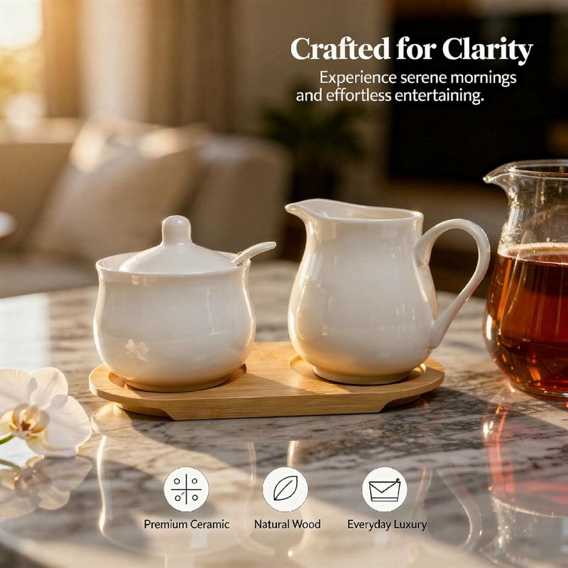 3 Pcs Coffee Bar Sugar and Creamer Set, Includes Ceramic Sugar Bowl, Creamer Pitcher with Wood Tray, Round Body, 1.2 lbs / 550 g for Home, Restaurant - Image 4