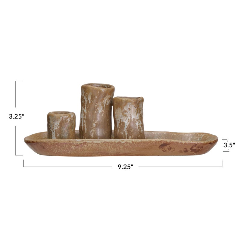 Creative Co-Op Stoneware Vases and Candle Holder on Tray, Brown - Image 2