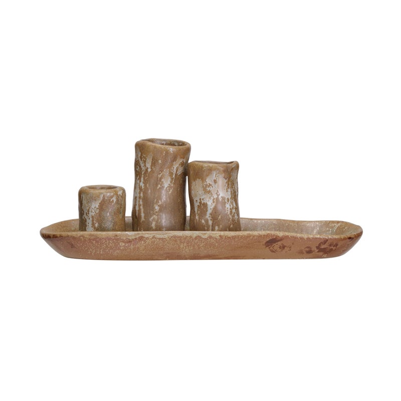 Creative Co-Op Stoneware Vases and Candle Holder on Tray, Brown - Image 1