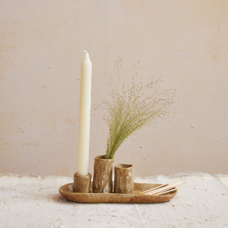 Creative Co-Op Stoneware Vases and Candle Holder on Tray, Brown - Image 3