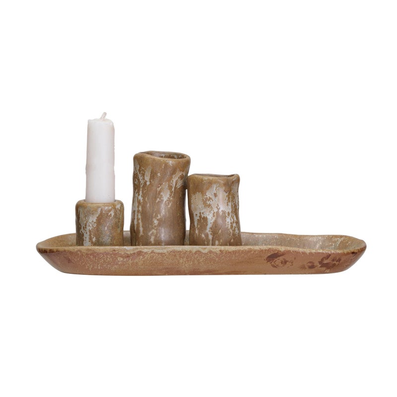 Creative Co-Op Stoneware Vases and Candle Holder on Tray, Brown - Image 4