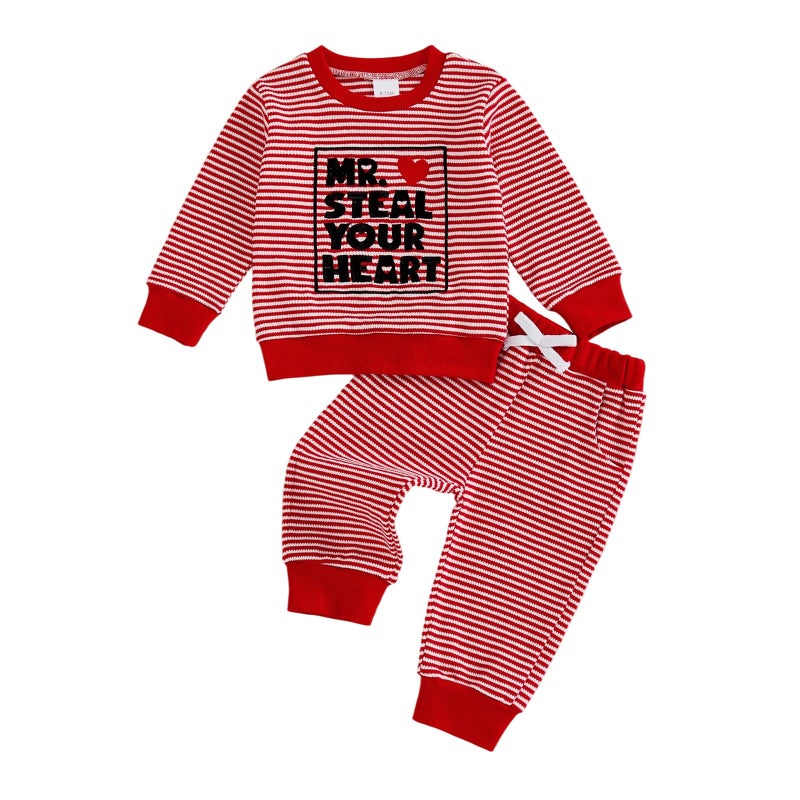 Kuriozud Toddler Baby Boy Valentines Day Outfit Striped Mr Steal Your Heart Sweatshirt and Pants Set Valentines Day Clothes, Red Mr. Steal Your Heart, 12-18 months - Image 1