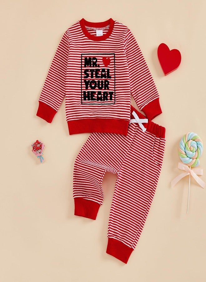 Kuriozud Toddler Baby Boy Valentines Day Outfit Striped Mr Steal Your Heart Sweatshirt and Pants Set Valentines Day Clothes, Red Mr. Steal Your Heart, 12-18 months - Image 4