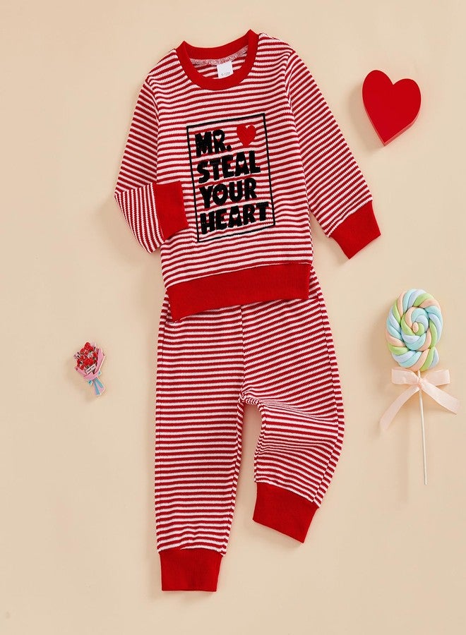 Kuriozud Toddler Baby Boy Valentines Day Outfit Striped Mr Steal Your Heart Sweatshirt and Pants Set Valentines Day Clothes, Red Mr. Steal Your Heart, 12-18 months - Image 5