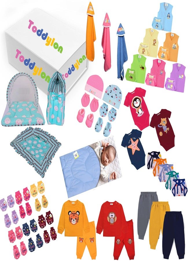 Toddylon 56 in 1 Newborn Baby Products All Cotton Gift Packs Essential Items Combo | Baby Bed | Clothing Set | Baby Grooming | Infants Kit (0-6 Months) Green - Image 1