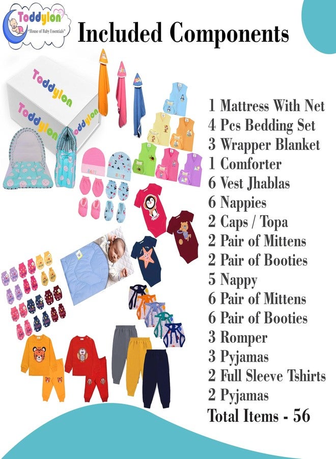 Toddylon 56 in 1 Newborn Baby Products All Cotton Gift Packs Essential Items Combo | Baby Bed | Clothing Set | Baby Grooming | Infants Kit (0-6 Months) Green - Image 3