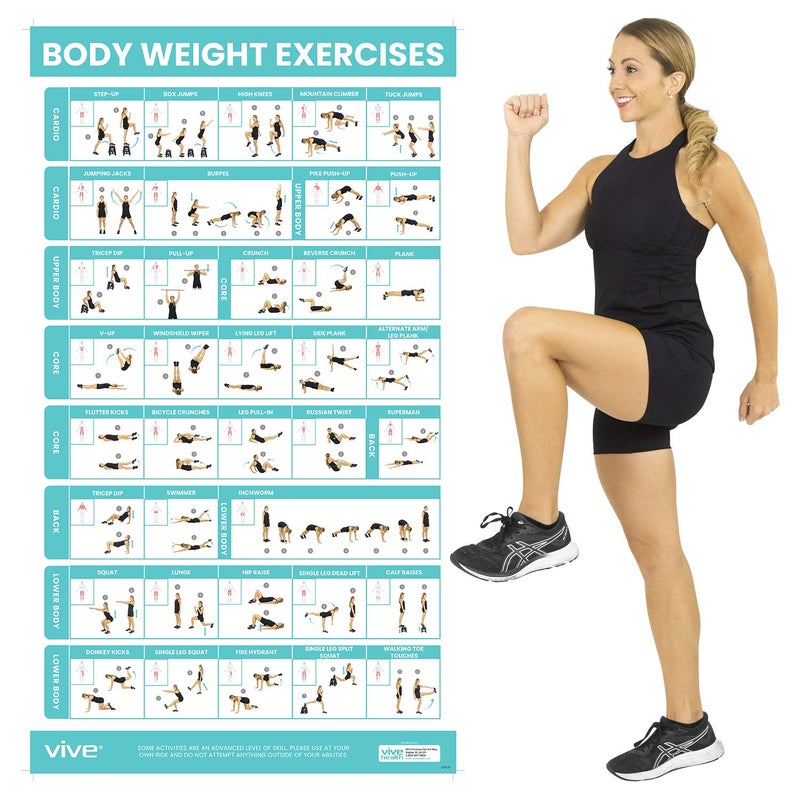 Vive Body Weight Exercise Poster - Workout for Home Gym Laminated Chart - Room Decor Accessories - HITT for Abs, Glute, Core, Legs, Arms, Back - No Equipment Needed - Image 1