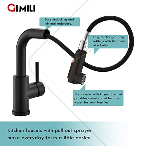 GIMILI Modern Bar Sink Faucet for Kitchen Sink Single Handle with Pull Out Sprayer Hot and Cold Prep Sink Faucet Matte Black - Image 4