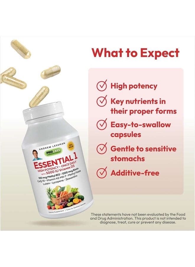 Andrew Lessman - Essential-1 Multivitamin 5000 IU Vitamin D3 60 Small Capsules – 100 mcg Methyl B12. CoQ10 Lutein Lycopene Zeaxanthin. High Potency. No Additives. Gentle Ultra-Mild. One Daily Capsule - Image 1
