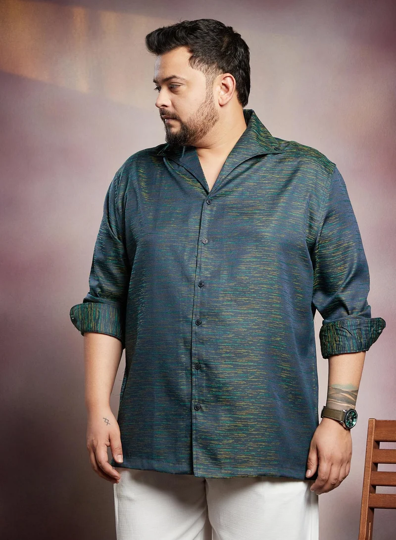 Instafab Plus  Men's Aegean Blue Stokelines-Imprint Shirt For Casual Wear | Spread Collar | Long Cuffed Sleeves | Button Closure | Plus Size Shirt Crafted With Comfort Fit For Everyday Wear for Men | Best Price UAE