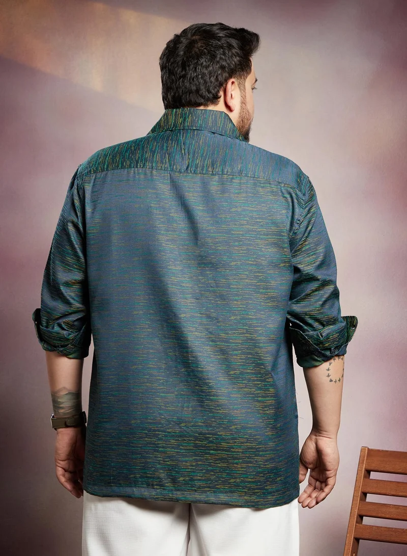 Instafab Plus  Men's Aegean Blue Stokelines-Imprint Shirt For Casual Wear | Spread Collar | Long Cuffed Sleeves | Button Closure | Plus Size Shirt Crafted With Comfort Fit For Everyday Wear for Men | Best Price UAE