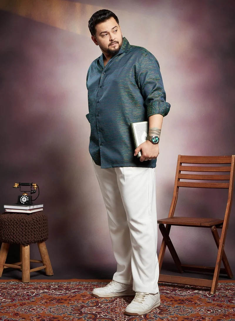 Instafab Plus  Men's Aegean Blue Stokelines-Imprint Shirt For Casual Wear | Spread Collar | Long Cuffed Sleeves | Button Closure | Plus Size Shirt Crafted With Comfort Fit For Everyday Wear for Men | Best Price UAE