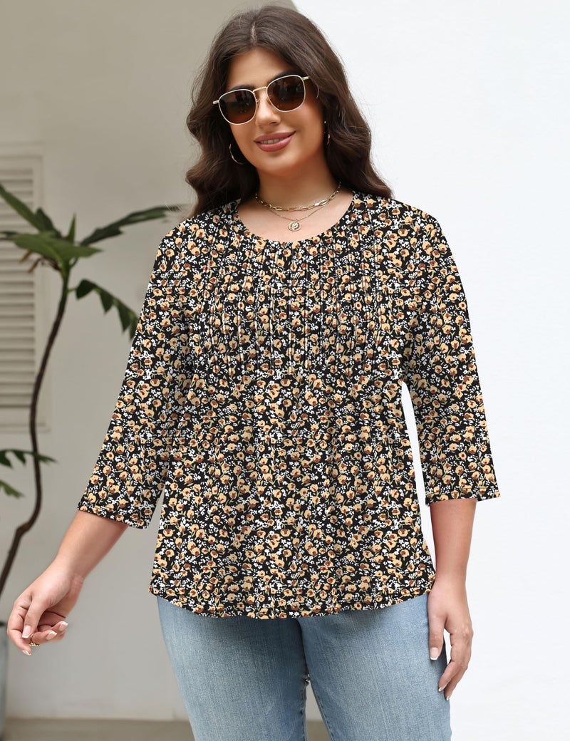 TFSDOD Elbow Length Tee Shirts Plus Size Shirt 3/4 Sleeve Summer Tops for Women Spring Shirts Womens Blouses Casual Black Floral - Image 2