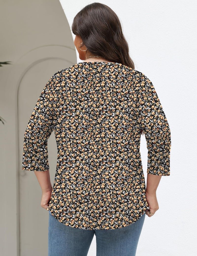 TFSDOD Elbow Length Tee Shirts Plus Size Shirt 3/4 Sleeve Summer Tops for Women Spring Shirts Womens Blouses Casual Black Floral - Image 5
