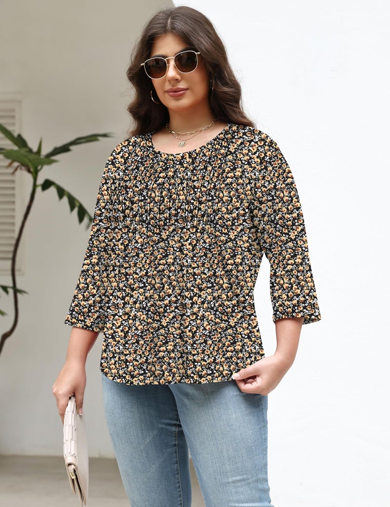 TFSDOD Elbow Length Tee Shirts Plus Size Shirt 3/4 Sleeve Summer Tops for Women Spring Shirts Womens Blouses Casual Black Floral - Image 3