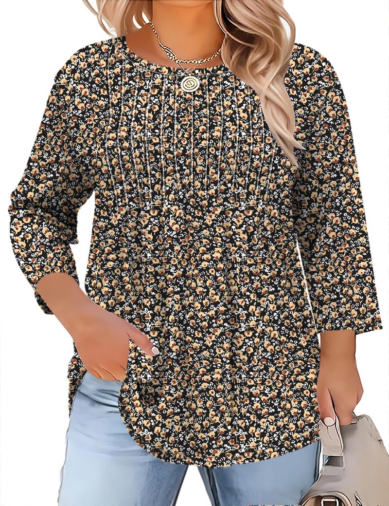 TFSDOD Elbow Length Tee Shirts Plus Size Shirt 3/4 Sleeve Summer Tops for Women Spring Shirts Womens Blouses Casual Black Floral - Image 1