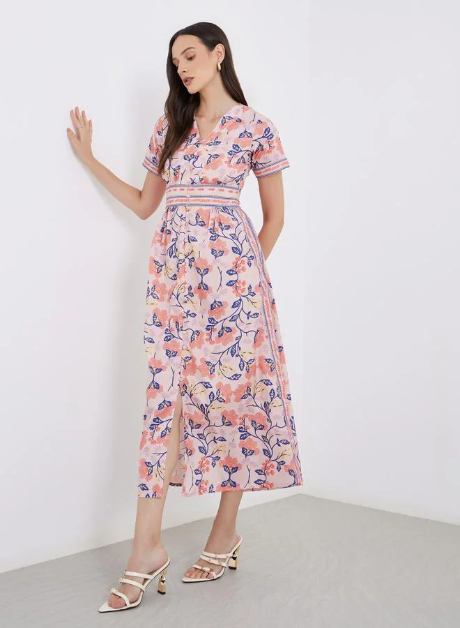 ستايلي Styli All Over Print V Neck A-Line Maxi Dess