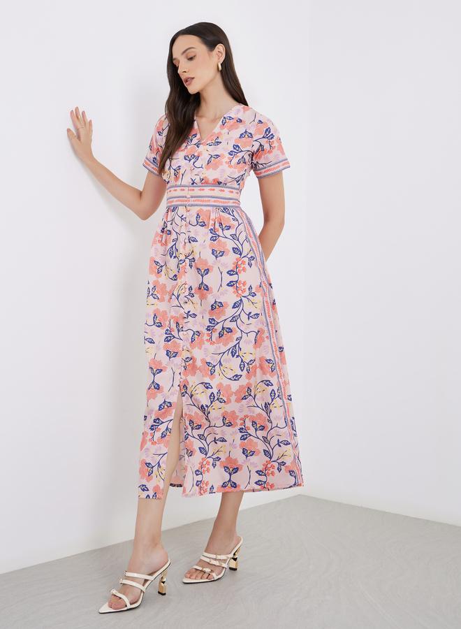 Styli All Over Print V Neck A-Line Maxi Dess - Image 1