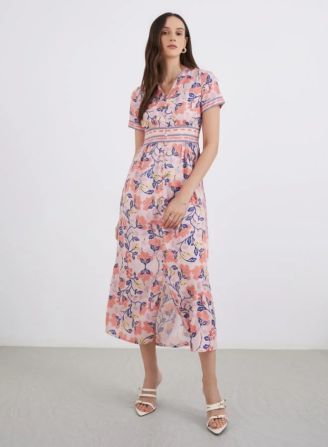 ستايلي Styli All Over Print V Neck A-Line Maxi Dess