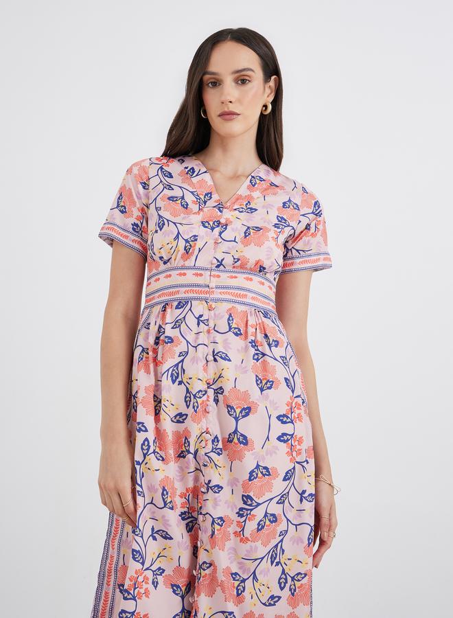 Styli All Over Print V Neck A-Line Maxi Dess - Image 3