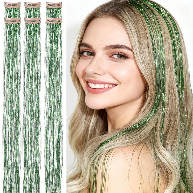 CelineBella Green Hair Tinsel,Clip In,Heat Resistant,24Inch 80 Strands per Piece, Fairy Hair Strands for St. Patrick Party Cosplay Halloween New Year Cute for Women Adults - Image 1