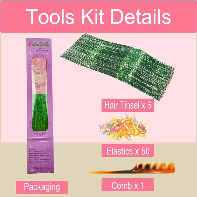 CelineBella Green Hair Tinsel,Clip In,Heat Resistant,24Inch 80 Strands per Piece, Fairy Hair Strands for St. Patrick Party Cosplay Halloween New Year Cute for Women Adults - Image 2