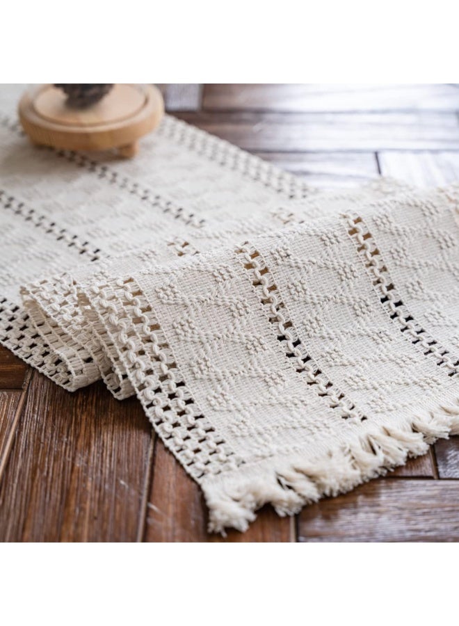 Macrame Table Runner Farmhouse Hand Woven Cotton Table Runner with Tassels for Bohemian Dining Table Cream Beige (30*240CM) - Image 1