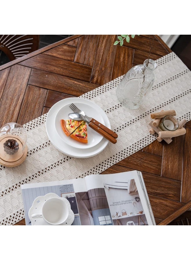 Macrame Table Runner Farmhouse Hand Woven Cotton Table Runner with Tassels for Bohemian Dining Table Cream Beige (30*240CM) - Image 2