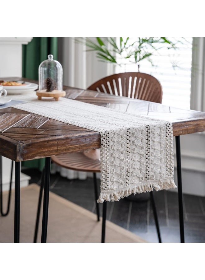 Macrame Table Runner Farmhouse Hand Woven Cotton Table Runner with Tassels for Bohemian Dining Table Cream Beige (30*240CM) - Image 3