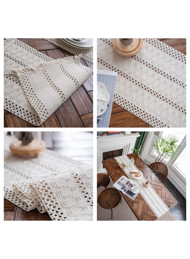 Macrame Table Runner Farmhouse Hand Woven Cotton Table Runner with Tassels for Bohemian Dining Table Cream Beige (30*240CM) - Image 5
