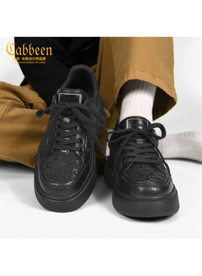Cabbeen Men's Shoes New Casual Sneakers High-end Fashion Lightweight Luxury Men's White Shoes Black Size 39
