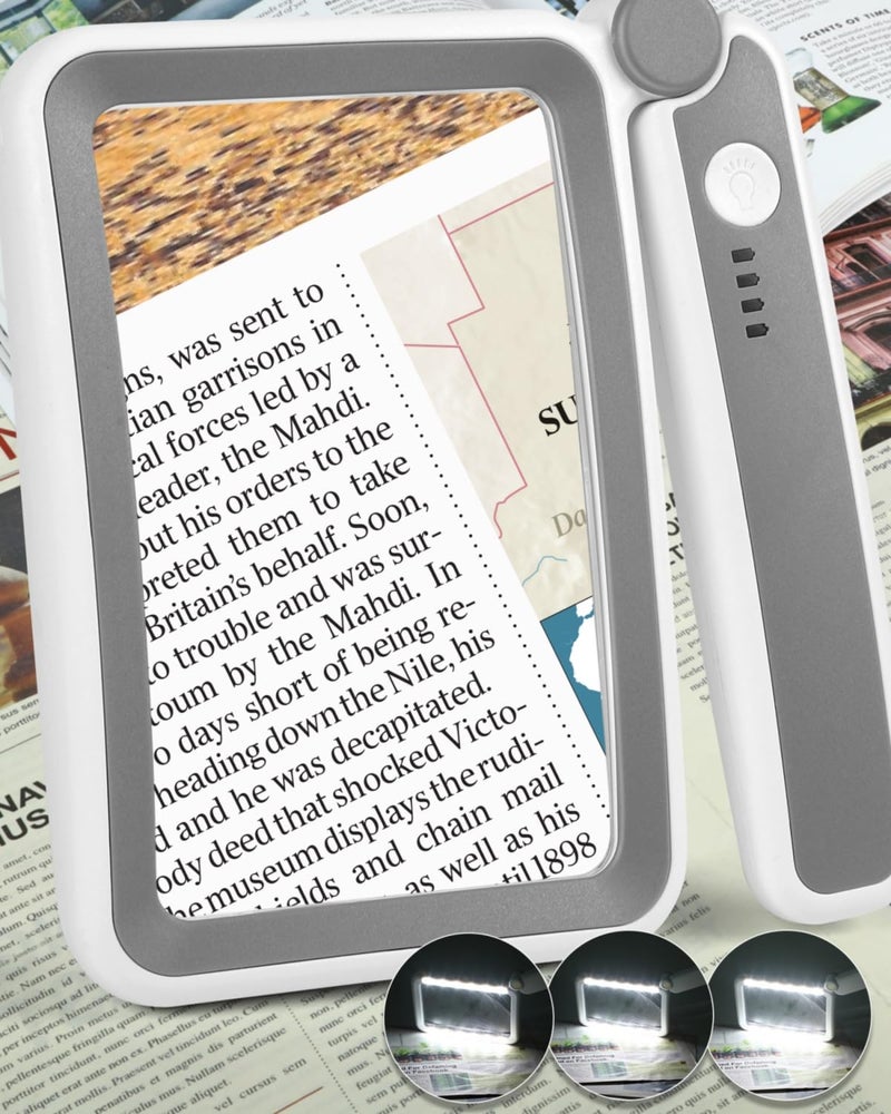 AKKYCVS Magnifying Glass with Light Rechargeable 5X Large Page Magnifier for Reading Folding Handheld Dimmable LED Lighted Rectangle Magnifier for Reading Book Small Print for Seniors Low Vision