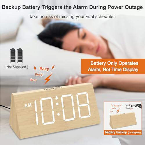 DreamSky ساعة منبه رقمية خشبية من دريم سكاي لغرف النوم - ساعة مكتب كهربائية بأرقام كبيرة، منفذ USB، منبه عالي للصغار، حجم صوت قابل للتعديل، خافت، زر الغفوة، التوقيت الصيفي، ديكور خشبي، تعمل بواسطة محول - Image 3