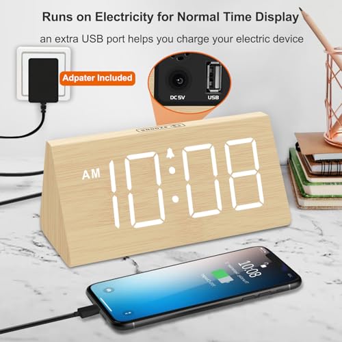 DreamSky ساعة منبه رقمية خشبية من دريم سكاي لغرف النوم - ساعة مكتب كهربائية بأرقام كبيرة، منفذ USB، منبه عالي للصغار، حجم صوت قابل للتعديل، خافت، زر الغفوة، التوقيت الصيفي، ديكور خشبي، تعمل بواسطة محول - Image 5