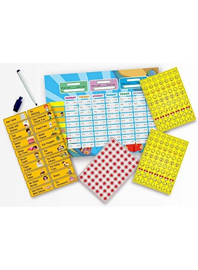 Chocozone Magnetic Resposibility Chart Behaviour Reward Chart Self-Adhesive for Kids with 20 Responsibility Magnets, 210 Star/Emoji Stickers & 2 Erasable Pens Learning Toys for Kids - Image 1